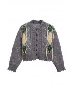 Argyle Pattern Frayed Edge Buttoned Crop Cardigan in Grey