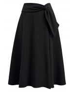 Sash Adorned Split A-Line Midi Skirt in Black