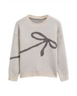 Contrast Color Boucle Bow Knit Sweater in Ivory