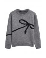 Contrast Color Boucle Bow Knit Sweater in Grey