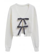 Shimmery Velvet Tie Front Crop Knit Cardigan in White