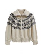 Double-Zip Fair Isle Jacquard Knit Cardigan in Cream