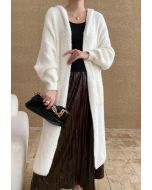 Fluffy Open Front Hooded Longline Knit Cardigan in White