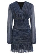 Elegant Sparkle Ruched Mesh Cocktail Dress in Navy