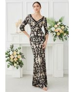 Baroque Sequin V-Neck Mesh Mermaid Gown in Black