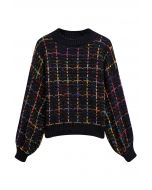 Color-Accented Grid Knit Sweater in Black