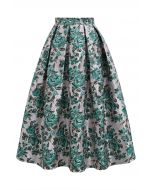 Teal Rose Embossed Jacquard A-Line Midi Skirt