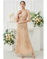 Leaves Sequin V-Neck Mesh Sleeveless Gown in Apricot