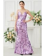 Deep V-Neck Sequin Mermaid Cami Gown in Lilac