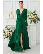 Deep V-Neck Front Split Maxi Gown in Green