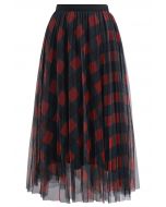 Bold Checks Double-Layered Mesh Midi Skirt in Red