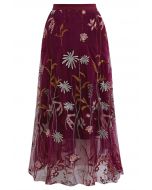 Whimsical Flowers Embroidered Mesh Tulle Midi Skirt in Burgundy