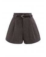 Lights on You Gingham Belted Shorts in Brown