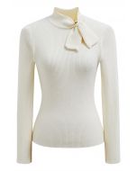 Heart Button Bowknot Ribbed Knit Top in Cream