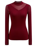 Double-Layered Mesh Spliced Fitted Top in Red