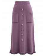 Button Trim Fringe Hem Knit Midi Skirt in Lilac