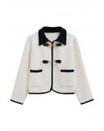 Contrast Horsebit Fastening Knit Cardigan in Ivory