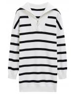 Broad-Striped Zipper Neck Knit Mini Dress in White