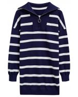 Broad-Striped Zipper Neck Knit Mini Dress in Navy