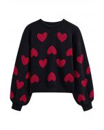 Cherished Heart Puff Sleeves Knit Sweater in Black