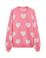 Contrast Fuzzy Heart Crew Neck Knit Sweater in Candy Pink