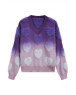 Ombre Fuzzy Heart Fringe Knit Sweater in Purple