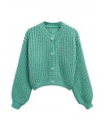 Puff Sleeves Buttoned Crop Chunky Knit Cardigan in Turquoise