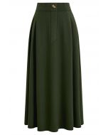 Button Adorned Knit Midi Skirt in Army Green