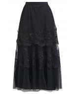 Embroidered Floral Double-Layered Mesh Maxi Skirt in Black