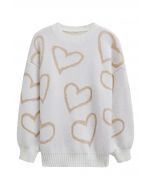 Lovable Heart Crew Neck Knit Sweater in White