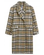 Peak Lapel Buttoned Plaid Fuzzy Coat in Camel