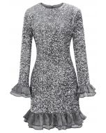 Twinkling Sequins Ruffle Organza Trim Velvet Bodycon Dress