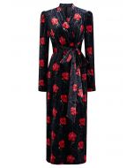 Velvet Floral Printed Tie Sash Midi Dress in Black