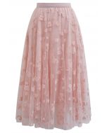 3D Posy Double-Layered Mesh Midi Skirt in Pink