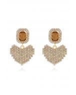 Full Rhinestone Heart Earrings in Amber