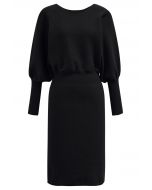 Batwing Sleeves Cinched Waist Knit Dress in Black