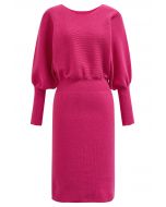 Batwing Sleeves Cinched Waist Knit Dress in Hot Pink