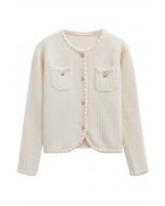 Gleaming Fringe Trim Buttoned Knit Cardigan in Cream