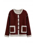 Faux Suede Spliced Sherpa Buttoned Coat in Burgundy