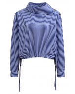 Buttoned Side Flap Collar Stripe Shirt in Blue