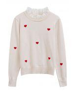 Red Heart Cotton Ruffle Spliced Knit Top in Sand