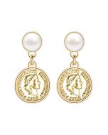 خمر الذهب عملة اللؤلؤة قطرة Eearrings