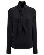 Chic Self-Tie Knotted Mock Neck Top in Black