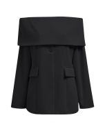 Folded Off-Shoulder Buttoned Blazer in Black