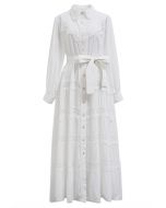 Rose Cutwork Lace Inserted Button Down Maxi Dress in White