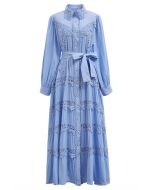 Rose Cutwork Lace Inserted Button Down Maxi Dress in Blue