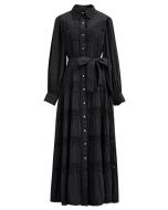 Rose Cutwork Lace Inserted Button Down Maxi Dress in Black