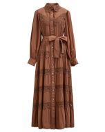 Rose Cutwork Lace Inserted Button Down Maxi Dress in Brown