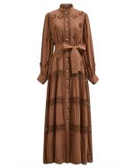 3D Floret Embellished Cutwork Lace Button Down Maxi Dress in Brown