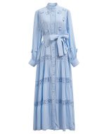 3D Floret Embellished Cutwork Lace Button Down Maxi Dress in Blue